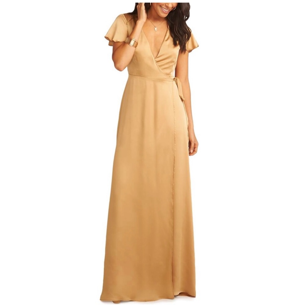 Show Me Your Mumu Noelle Wrap Dress in True Gold Luxe Satin NWT Size S